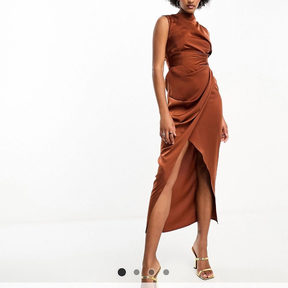 ASOS DESIGN tall satin drape dress with wrap skirt in chocolate